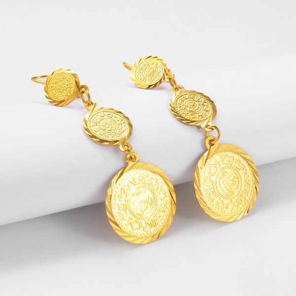 Boucles d'oreilles en pièces de monnaie arabes pour femmes, bijoux islamiques musulmans en or jaune 14 carats pour pièces anciennes, filles islamiques