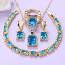 Arabische goudkleurige sieraden sets bruiloft-engagement mode kostuum sky blue cubic zirconia armband en ring vrouwen sets H1022