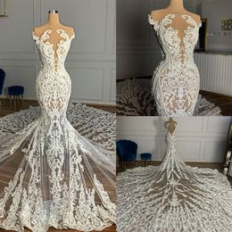 Robes de mariée sirène en dentelle Arabie 2020 Plus taille illusion Robes de mariage vintage Vestidos sexy fabriqués sur mesure de novia284w