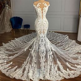Arabia Spitze Transparentes Hochzeitskleid für Frauen Sheer Ausschnitt Perlen Sexy Lange Meerjungfrau Brautkleider vestidos296x