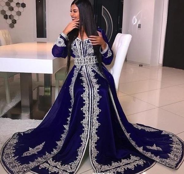 Arabie robes de soirée à manches longues col en V perles de cristal dentelle appliques abaya caftan glamour dubaï satin longueur de plancher robe de bal musulmane
