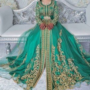 Arabie musulmane longues robes de bal dentelle dorée appliques à manches longues ceinture une ligne robe de soirée glamour saoudienne robe de soirée en tulle vêtements de cérémonie