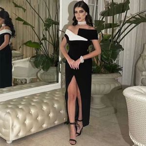 Arabië Saoedi-Arabië Zwart-wit Midi Party Galajurken Off-shoulder Lovertjes Enkellange Satijn Hoge Zijsplit Formele Avondjurken Op maat gemaakt