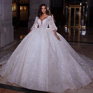 Saoudite Vintage Robe de bal robes de mariée pour les femmes 2022 dentelle paillettes Robe de Mariage col en V chapelle Train vestido de novia
