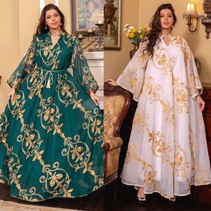 Vestido de fiesta de malla bordado de Dubái árabe, fiesta musulmana de Oriente Medio, cena, vestido de noche de moda, ropa de Ramadán, Abaya con cinturón