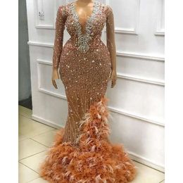 Arabisch 2021 Aso -maat plus Ebi Luxe Mermaid Lace Prom Jurken kristallen kristallen veren avond formeel feest tweede receptie jurken jurk zj684