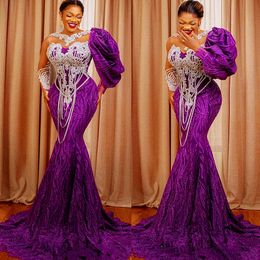 Arabic 2022 Aso Ebi Purple Mermaid Prom Dresses Lace Beaded Sexy Evening Formal Party Second Reception Birthday Engagement Gowns Dress Zj730