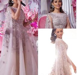 Arabic 2022 Evening Gowns Capped Dubai Tulle Lace Applique Elegant Prom Party Formal Dresses Plus Size Special Occasion Dresses B0602A1232