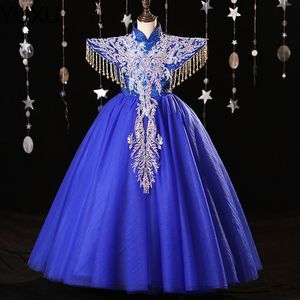 Arabisch 2022 Bloemen kanten bloemmeisje jurken baljurken blauw kind optocht jurken lange trein mooie kleine kinderen bloemengirl jurk formeel