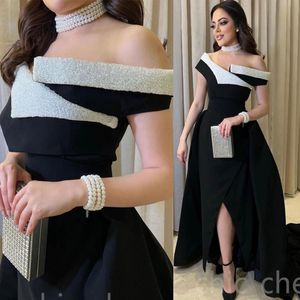 Arabisch 2023 Aso Ebi Black A-Line Prom Dresses Garned Satin Evening Formele feest tweede receptie Verjaardagsbetrokkenheid Bruidsmeisjesjurken Jurken ZJ202