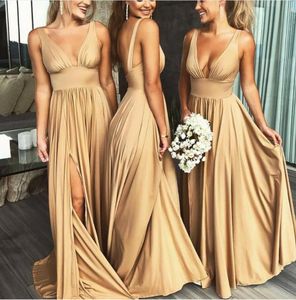 Sexy Long Gold Bridesmaid Dresses Deep V Neck Empire Split Side Floor Length Champagne Beach Boho Wedding Guest Dresses
