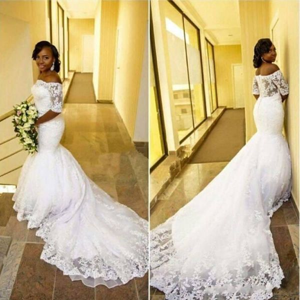 Vestidos de novia de sirena africana árabe de talla grande, tren de corte transparente, vestidos de novia de encaje de media manga con hombros descubiertos