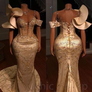 Arabisch ASO 2023 Ebi Gold Mermaid Prom Dresses Lace kralen sexy avond formeel feest tweede receptie verjaardag verlovingsjurken jurk zj773