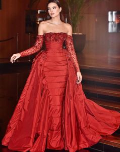 Arabe Aso 2023 Ebi Red Mermaid Robes de bal en dentelle en dentelle élégante soirée formelle deuxième réception Robes de fiançailles d'anniversaire Robe ZJ045