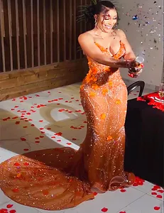 Arabisch ASO 2024 EBI Orange Illusion Mermaid Prom Lace kristallen Lange mouwen Lange mouwen avond formeel feest tweede verjaardagsreceptie jurken jurken zj474
