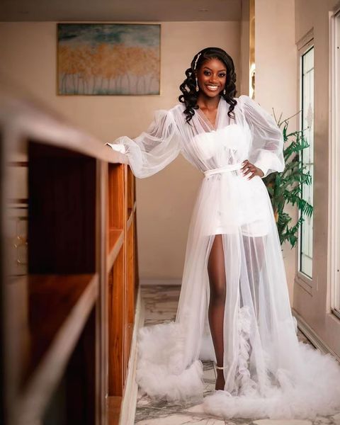 Árabe Aso Ebi Vestidos de novia de boda africanos 2024 Vestidos de despedida de soltera Puffy Manga larga Mullido Tul Vestidos de maternidad Vestido de novia albornoz de mujer