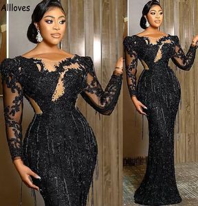 Plus La Taille Aso Ebi Noir Sirène Robes De Bal Avec Des Manches Longues De Luxe Paillettes Dentelle Glands Vintage Longue Soirée Robes De Soirée Femmes Occasion Formelle Robe Robes CL1466