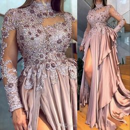 Arabe Aso Ebi Crystal Appliques perlées robes de soirée en dentelle Porte des manches longues High Necy Dusty Rose Fraction Rouffon Robes de fête de bal formelle