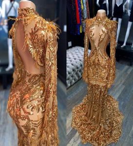 Arabisch aso ebi gouden avond optocht jurken 2020 echt beeld luxe veer lange mouw hoge nek zeemeermin prom receptie jurk3467825