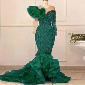 Arabe aso ebi en dentelle verte sirène robes de bal de bal à manches longues couches plus taille la soirée formelle deuxième robes de réception