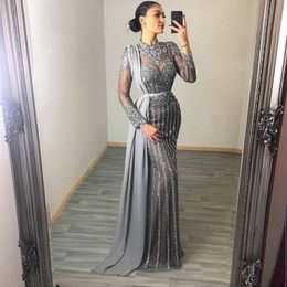 arabe aso ebi gris luxueux sirène robes de soirée perles cristaux robes de bal col haut fête formelle deuxième réception gonws z281V