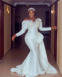 Arabe Aso Ebi ivoire sirène robes de mariée 2023 peplum dentelle perles perles cristaux Sexy manches longues robes de mariée grande taille