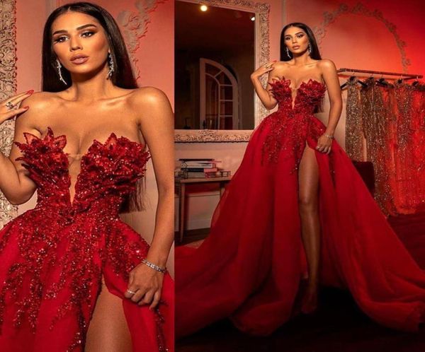 Arabe Aso Ebi Dentelle Luxueux High Split Robes De Bal 2022 Perles Cristaux Sexy Soirée Formelle Deuxième Réception Robes Robe 8201014