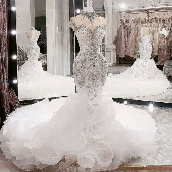 Arabe Aso Ebi Luxueux Perles Cristaux Robe De Mariée Col Haut Sirène Robes De Mariée Col Transparent Robes De Mariée Plus La Taille Robes De Noiva 2024