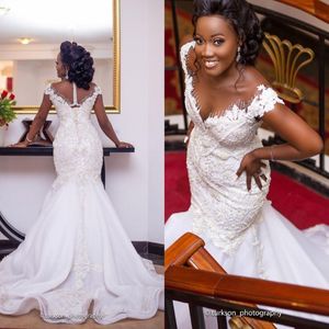 Arabe aso ebi luxueux dentelle sirène robes de mariée 2021 hors de lacets perlées à lacet-up plus taille plus robe de mariée africaine 271c