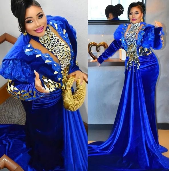 Arabe Aso Ebi Luxueux Robes De Bal De Sirène 2023 Cristaux De Velours Bleu Royal Perles Miroir À Manches Longues Soirée Deuxième Réception Robe D'anniversaire