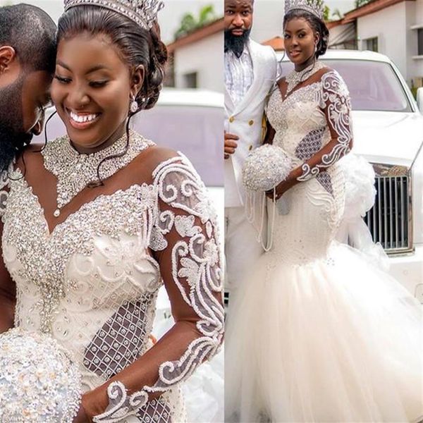 Árabe Aso Ebi Vestidos de novia de sirena de lujo Tallas grandes Vestidos de novia africanos Niergian de manga larga con cuentas de cristal brillante 225E