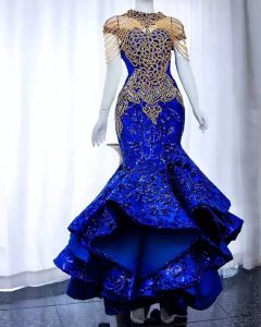 Arabe Aso Ebi Luxueux Bleu Royal Robes De Bal Perles Cristaux Dentelle Soirée Formelle Partie Deuxième Réception Robes Robe Plus La Taille