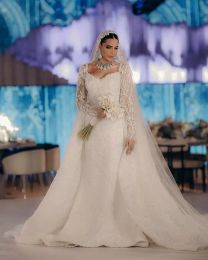 Arabe Aso Ebi luxe paillettes musulmane sirène robe de mariée exquise col transparent dentelle perles perlées manches longues robes de mariée tribunal train vestido de novia