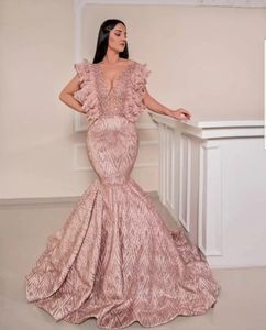 Arabische Aso Ebi Mermaid Avond gelegenheid Dresses 2023 Rose Gold Ruffles V-Neck Gillter-pailletten beaded prom jurk Abendkleid