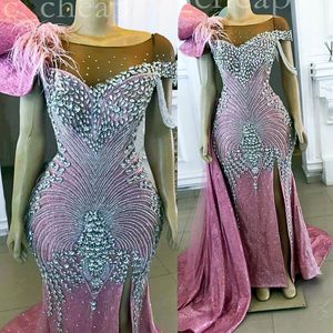 Arabisch Aso Ebi Mermaid Pink Prom -jurken Kristallen Sparkly Evening Formeel feest tweede receptie Verjaardagsbetrokkenheid jurken jurk ZJ4788 407
