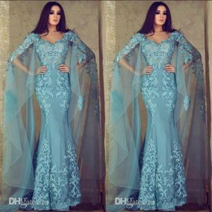 Arabische Aso Ebi Mermaid Prom Jurken met Wrap Kant Applicaties Vrouwen Ocn Avondfeest Jurken Sweep Trein Vestidos De Soiree