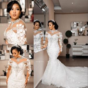 Arabe Aso Ebi sirène robes de mariée 2021 manches longues 3D dentelle florale scintillante perlée grande taille robes de soirée de mariée Robe De Marria272h