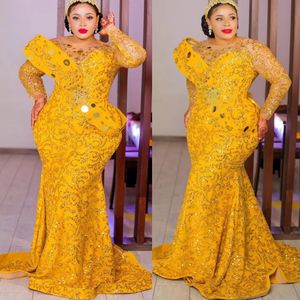 Arabe Aso Ebi Sirène Jaune Robes De Bal 2024 Cristaux De Perles Soirée Formelle Deuxième Réception Anniversaire Robes De Fiançailles Robe