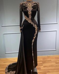 Arabisch aso ebi moslim zwart prom jurken kanten kralen kristallen lange mouw avond formeel feest tweede receptie jurken