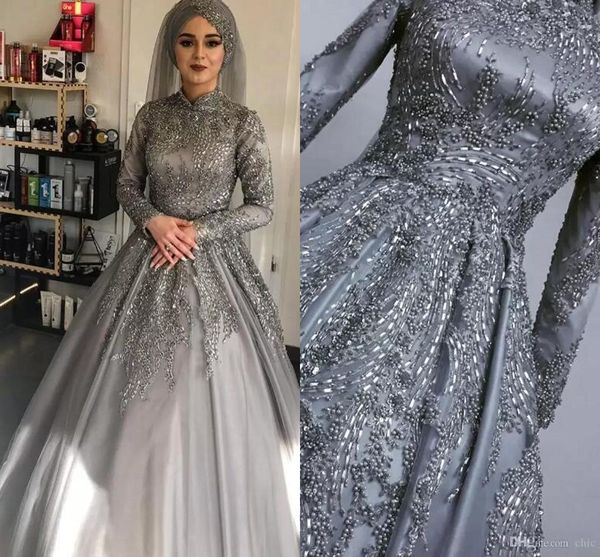 Arabe Aso Ebi robes de mariée musulmanes argent gris dentelle perlée corset à lacets de luxe robes de mariée manches longues robes de mariée
