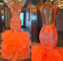 Arabic ASO Ebi Orange Mermaid Dresses Prom Vestidos de encaje de lentejuelas Fiesta Formal Segunda recepción Compromiso de cumpleaños vestidos de dama de dama de honor ZJ