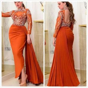 Arabisch aso ebi oranje sexy avond kristallen backless prom jurken hoge nek formeel feest tweede receptie jurken