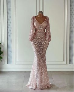 Arabisch aso ebi roze zeemeermin prom-jurken Gillter lovertjes kant kant met lange mouwen v-neck avond gelegenheid jurk Abenkleider Lang
