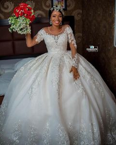 Arabe Aso Ebi grande taille robes de mariée 2022 luxe à manches longues dentelle Applique perlée africaine pure cou princesse robe de mariée