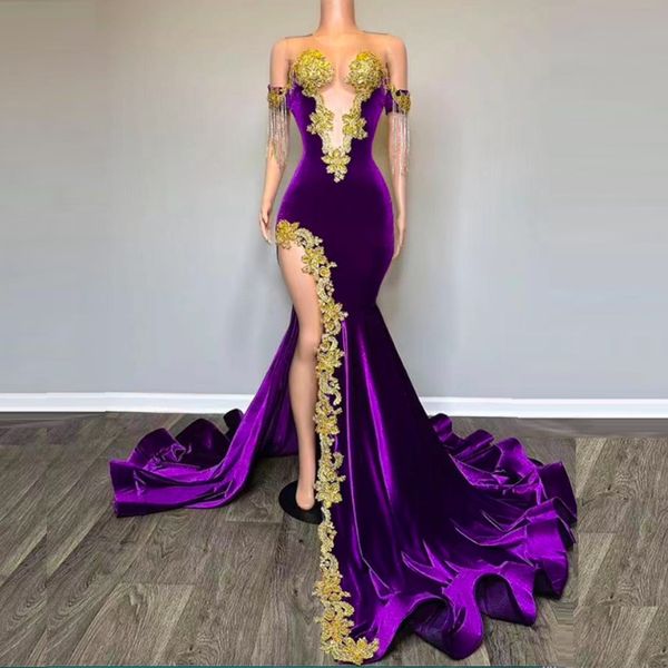 Arabe Aso Ebi violet dentelle sirène robes de bal col transparent manches longues grande taille soirée formelle fête deuxième réception robes
