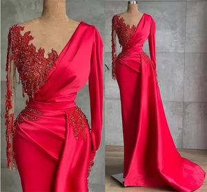 Arabische aso ebi rode luxueuze avondjurken plus maat kanten kralen met lange mouwen kristallen avond tweede receptie jurken
