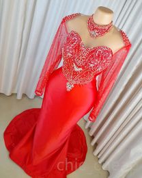 Arabische Aso Ebi Red Mermaid Prom Dresses kristallen Luxe avond formeel feest tweede receptie verjaardagsbetrokkenheid bruidsmeisjes jurken jurk zj686 407