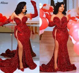 Arabe Aso Ebi Rouge Paillettes Brillant Robes De Bal Sweetherart Fourrures Longue Sirène Occasion Formelle Robes De Soirée Sexy Cuisse Split Deuxième Réception Robe De Soirée CL3009