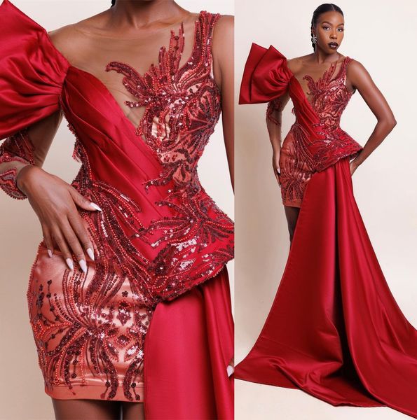 Arabe Aso Ebi Red Sheat Robes de bal Short Lace Lace Sexy Sight Soil Formal Fête Deuxième réception Anniversaire Engagement Brides Drides Drosed Robes Robe ZJ1432 407