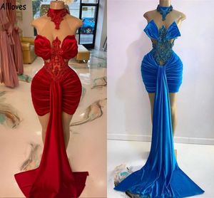 Arabe Aso Ebi Sexy Halter Velours Robes De Soirée Dentelle Appliques Paillettes Perles Courtes Robes De Soirée De Bal Ruché Peplum Robe De Soirée Formelle Mini Night Club Wear CL1541